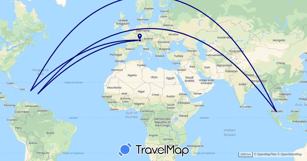 TravelMap itinerary: driving in Switzerland, Guadeloupe, Malaysia, Puerto Rico (Asia, Europe, North America)